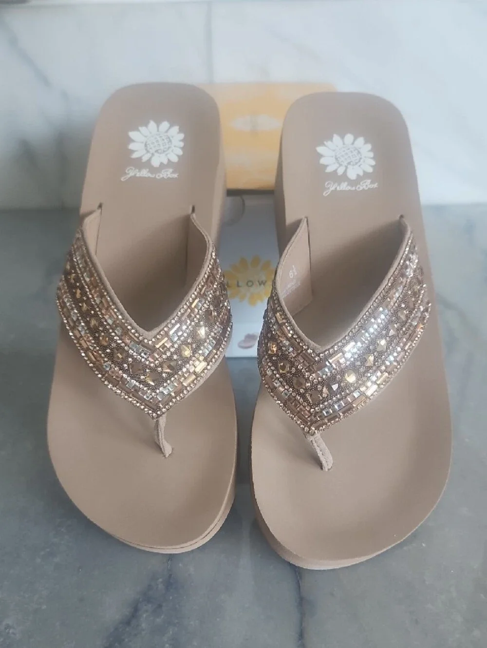 Yellow Box Beaded Taupe Platform Thong Sandals